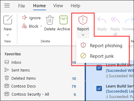 Screenshot of selecting the Report button after selecting multiple messages in Outlook on the web.