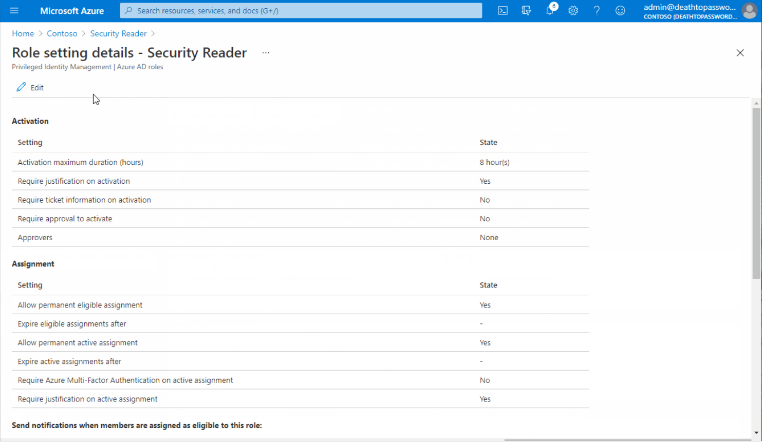 The Role setting details - Security Reader page