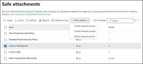 The Safe Attachments page with a policy selected and the More actions control expanded.