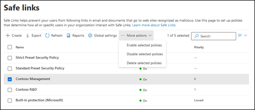 The Safe Links page with a policy selected and the More actions control expanded.