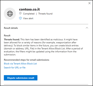 Screenshot of the details flyout of an admin submissions entry where you can select Dispute submission result.