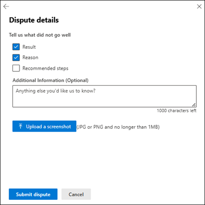 Screenshot of the Dispute details flyout.