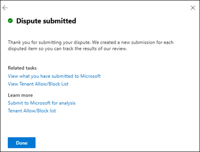 Screenshot of the Dispute submitted flyout.