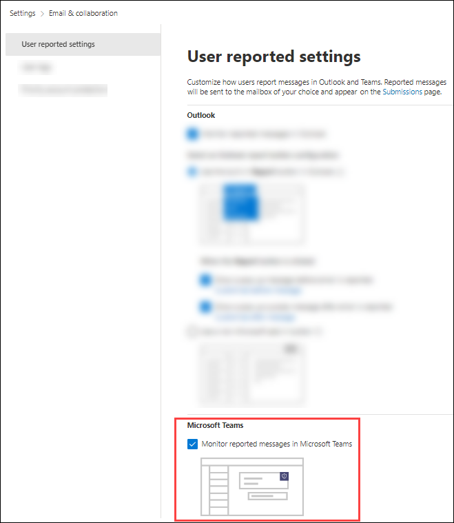 Screenshot of the 'Monitor reported messages in Microsoft Teams' setting in the Microsoft Defender portal.