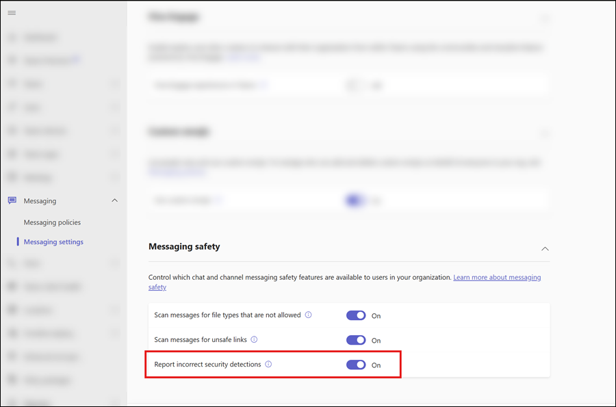 Screenshot of the 'Report incorrect security detections' toggle on the Messaging settings page in the Microsoft Teams admin center.