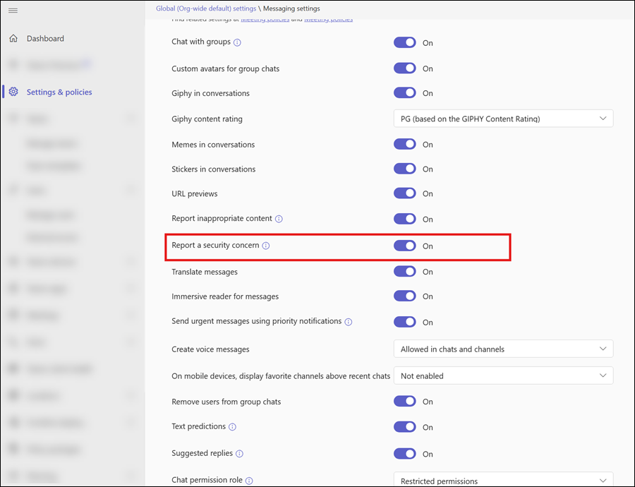 Screenshot of the 'Report a security concern' toggle in Messaging policies in the Teams admin center.