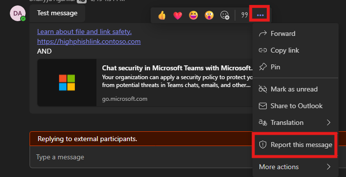 Screenshot of the Select path to report a message in the Microsoft Teams client.