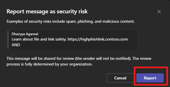 Screenshot of the final dialog to report a message in the Microsoft Teams client.
