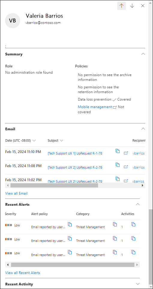 Screenshot of the recipient details flyout after you select a Recipient value in the Email tab of the details area in the All email view.