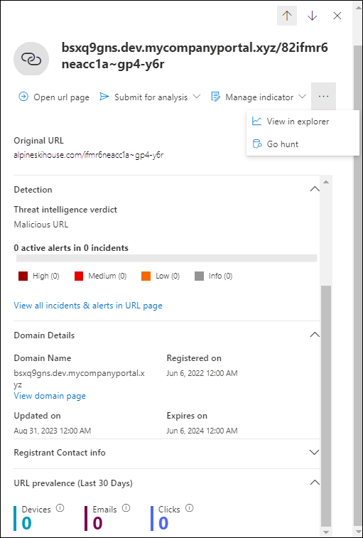 Screenshot of the details flyout after selecting an entry in the Top URLs tab in the All email view in Threat Explorer.