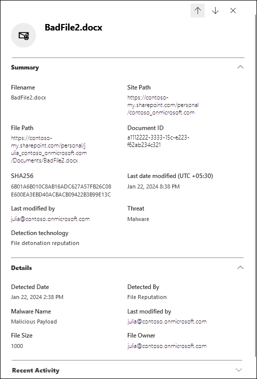 Screenshot of the details flyout from the Document view for the details area of the Content malware view in Threat Explorer and Real-time detections.