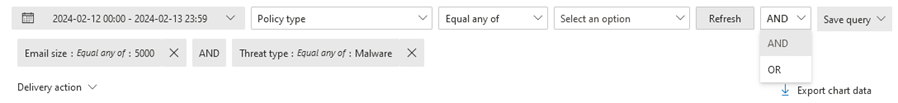 Screenshot of an example query in Threat Explorer or Real-time detections showing multiple conditions.