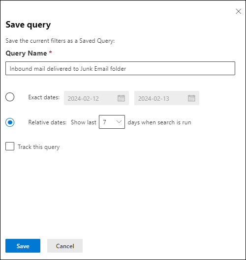 Screenshot of the Save query flyout in Threat Explorer in the Defender portal.