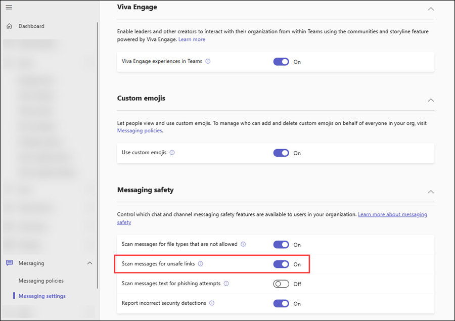 Screenshot of the Scan messages for unsafe links toggle in the Microsoft Teams admin center.