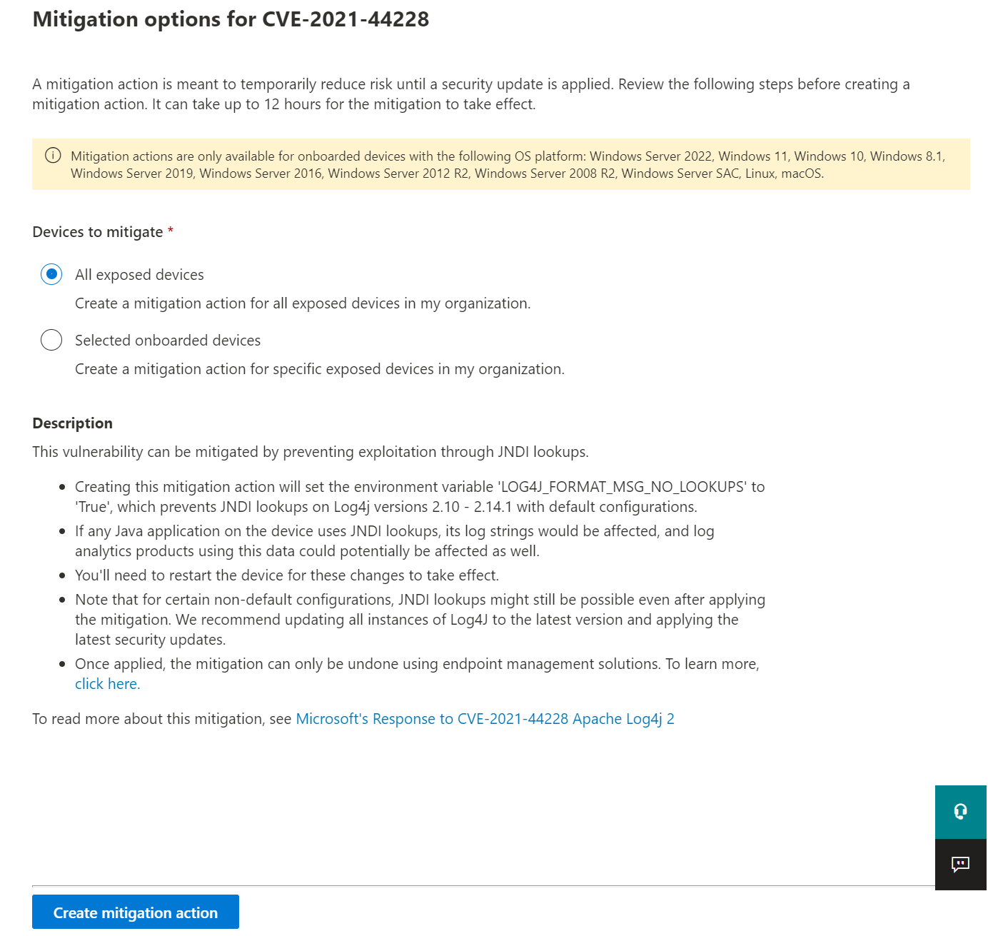 Screenshot of mitigation options for CVE-2021-44228.