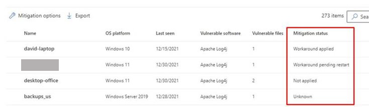 Screenshot of Possible mitigation statuses.