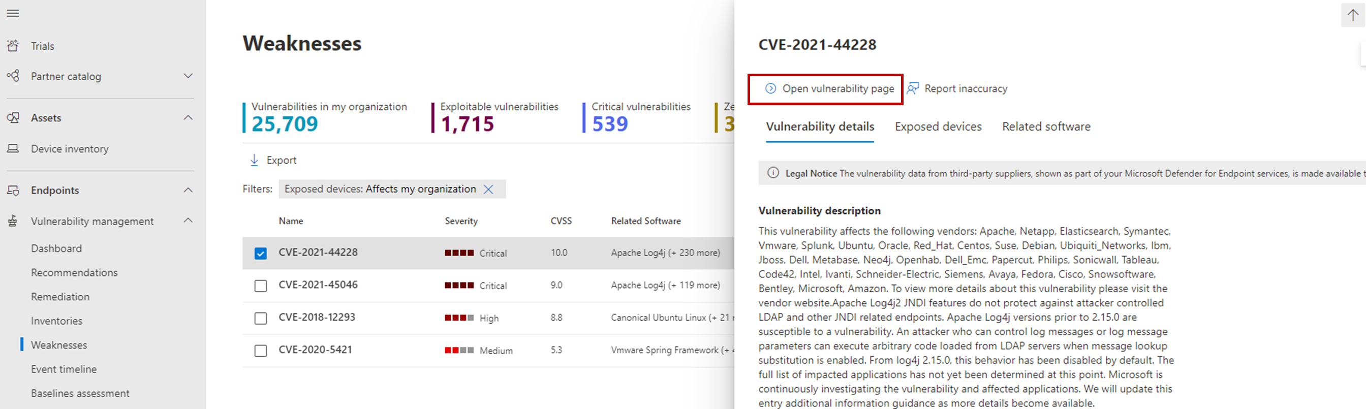 Screenshot of vulnerability page on the vulnerability management dashboard.