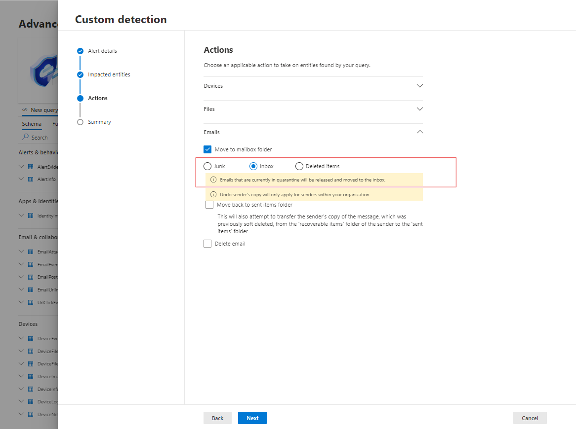 Screenshot of the Inbox option under custom detections in the Microsoft Defender portal.