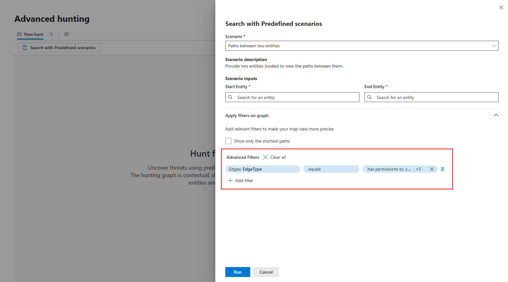 Screenshot of the predefined scenarios side panel highlighting the advanced filter section.