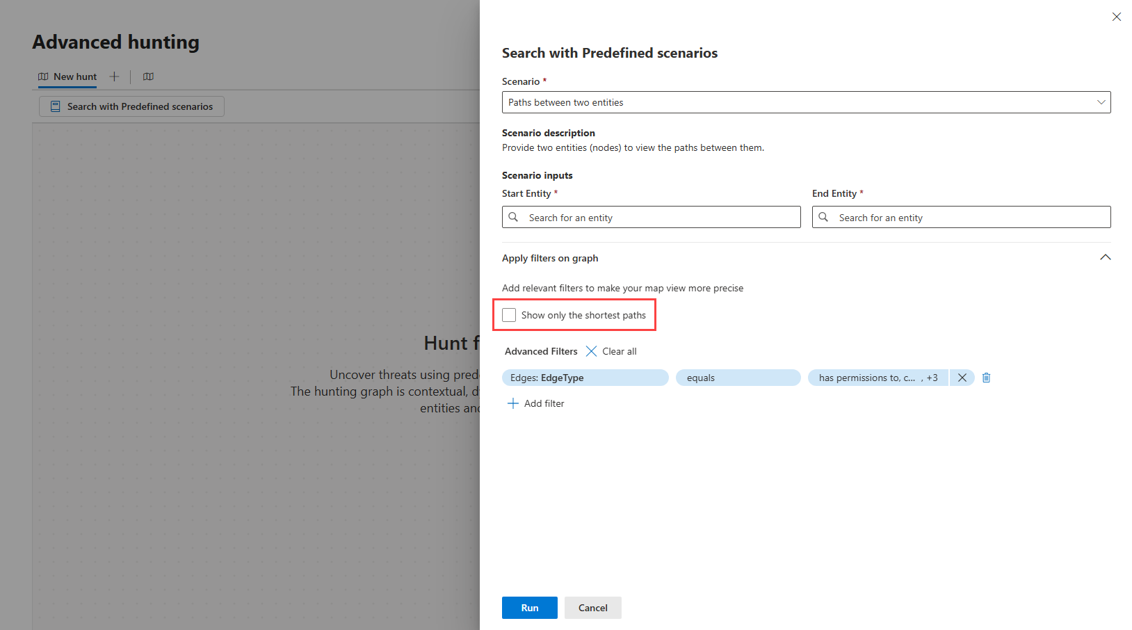 Screenshot of the predefined scenarios side panel highlighting the Show only the shortest paths filter.
