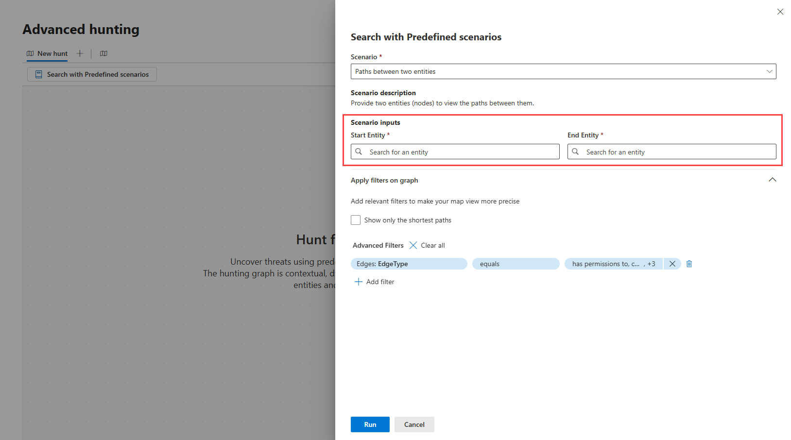 Screenshot of the predefined scenarios side panel highlighting the required scenario inputs.