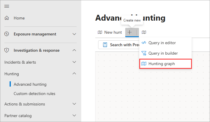 Screenshot of the Create new Hunting graph option in the advanced hunting page.