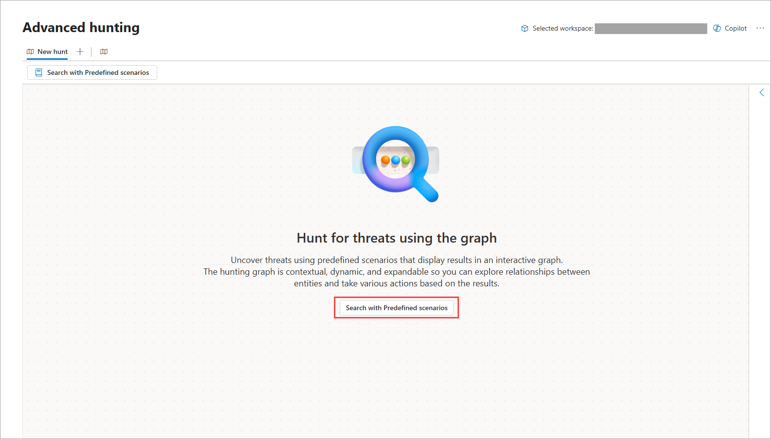 Screenshot of the hunting graph page highlighting the Search with Predefined scenarios button.