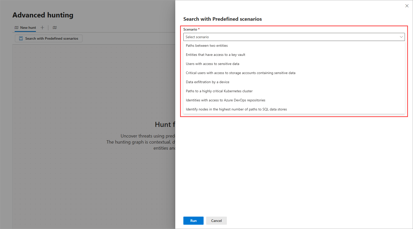 Screenshot of the predefined scenarios side panel highlighting the available options.
