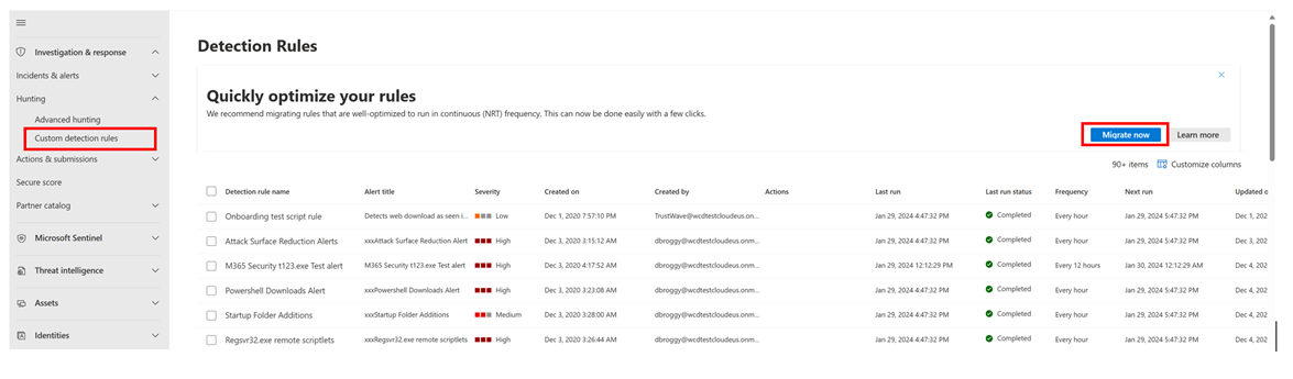 Screenshot of the Migrate now button in advanced hunting.
