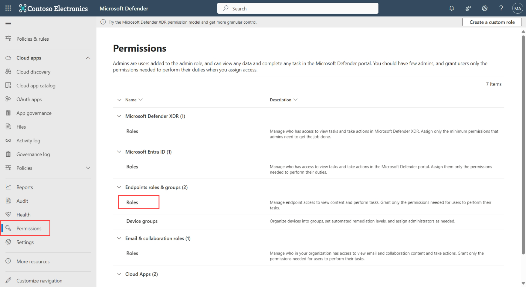 Screenshot that shows Roles link for Defender for Endpoint.