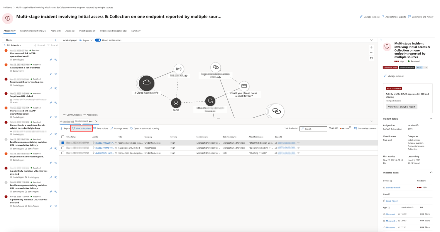 Highlighting the link to incident option in go hunt query results