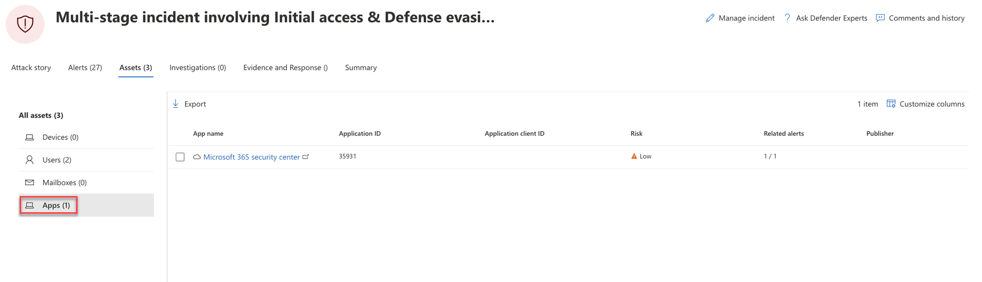 The Apps page for an incident in the Microsoft Defender portal.