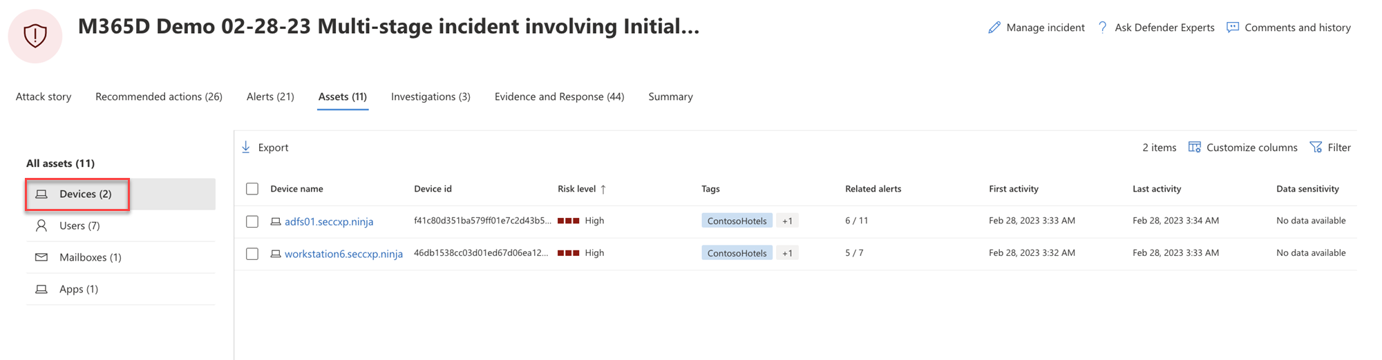 The Devices page for an incident in the Microsoft Defender portal