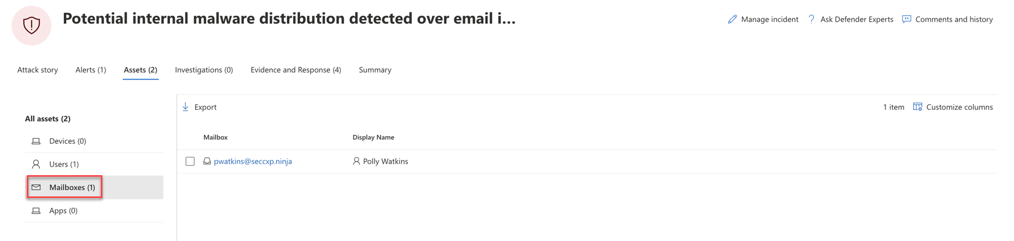 The Mailboxes page for an incident in the Microsoft Defender portal.