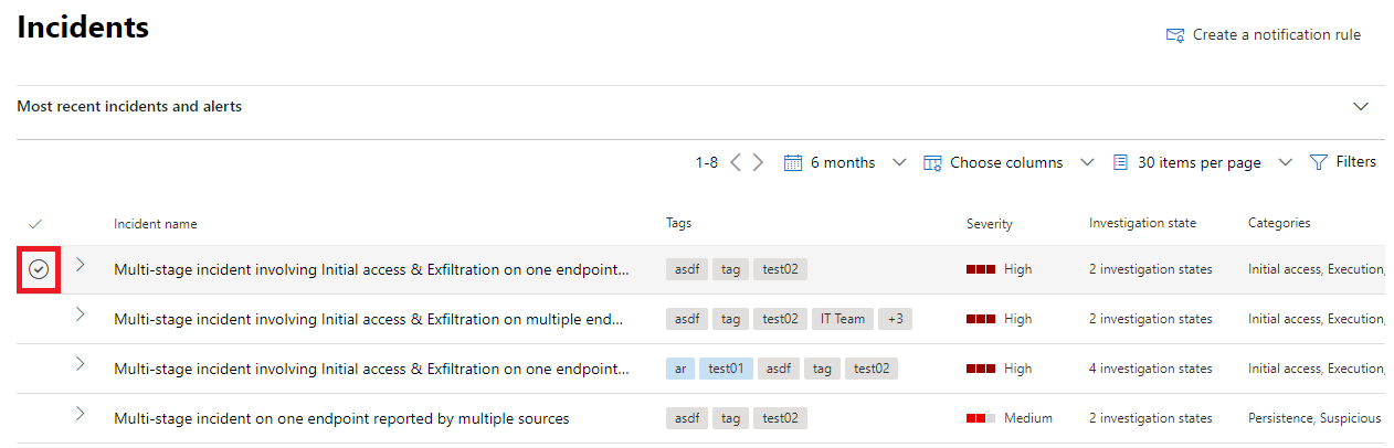 Selecting an incident in the Microsoft Defender portal