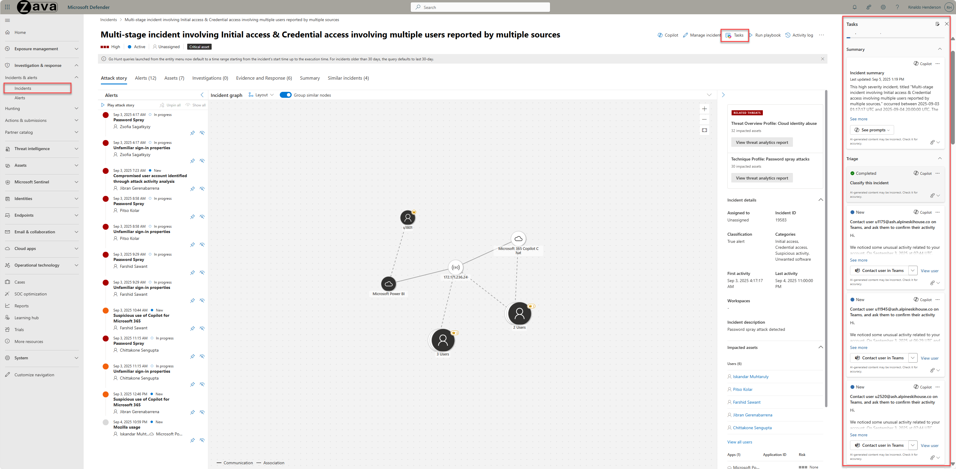 Screenshot showing the Tasks side panel and incident details in Microsoft Defender portal.