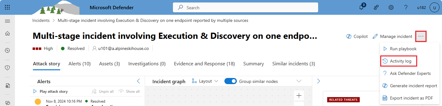 Screenshot showing how to access an incident's activity log.
