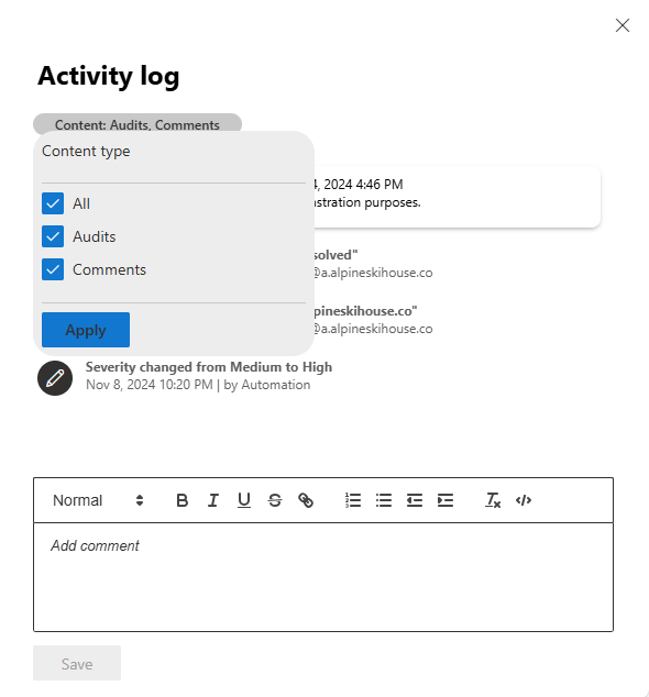 Screenshot highlighting the filter options within the activity log pane from the incident page in the Microsoft Defender portal.