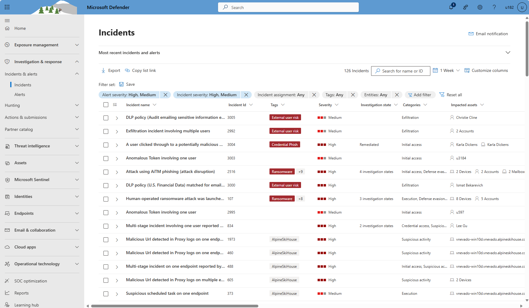 Screenshot showing the incident queue and quick launch pane in the Microsoft Defender portal.