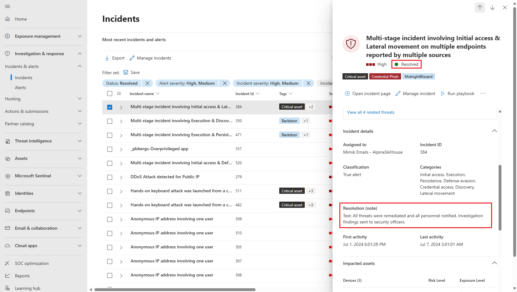 Screenshot of appearance of resolution note in the incident details panel.