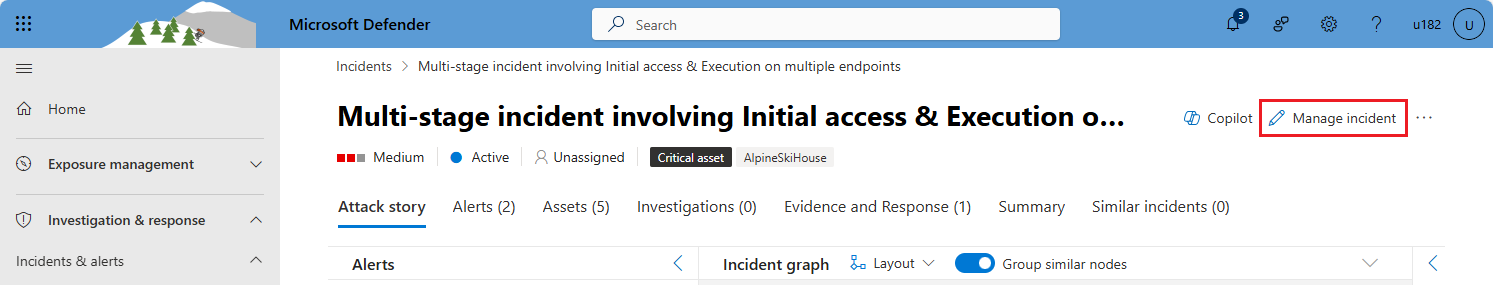 Screenshot showing how to manage an incident from the incident page in the Microsoft Defender portal.