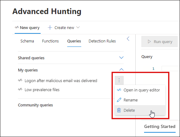 Rename or delete a query in the Advanced Hunting page in the Microsoft Defender portal