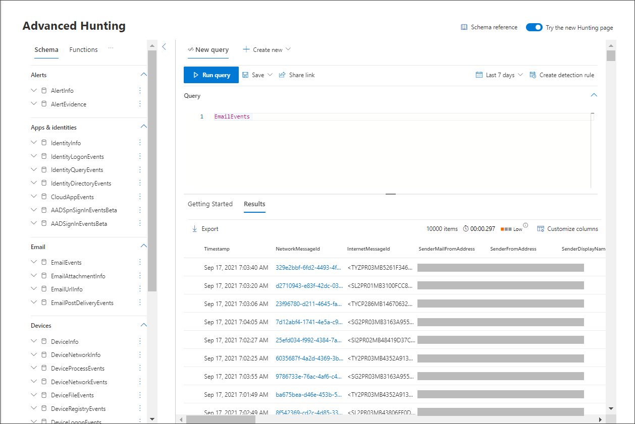 A screenshot of the Advanced Hunting page in the Microsoft Defender portal.