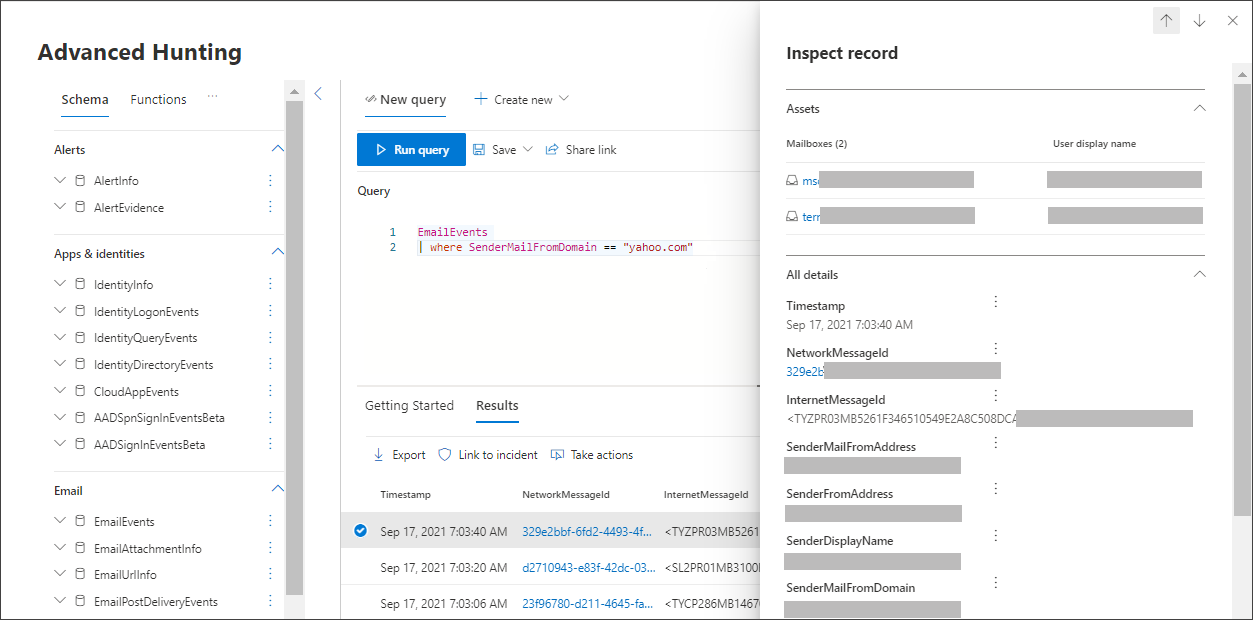 A screenshot of the Inspect record section of the Advanced Hunting page in the Microsoft Defender portal.