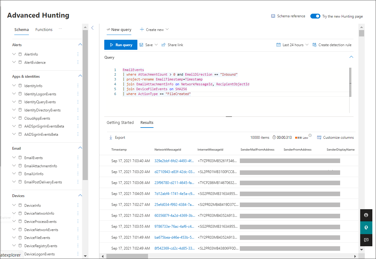 A screenshot of the Query editing section of the Advanced Hunting page in the Microsoft Defender portal.