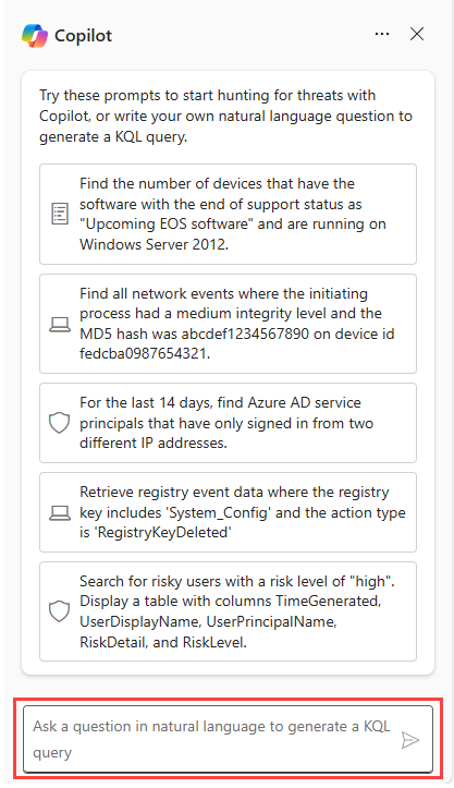 Screenshot that shows prompt bar in the Security Copilot for advanced hunting.