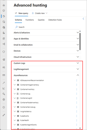 Screenshot of advanced hunting schema tab in the Microsoft Defender portal highlighting location of Sentinel tables