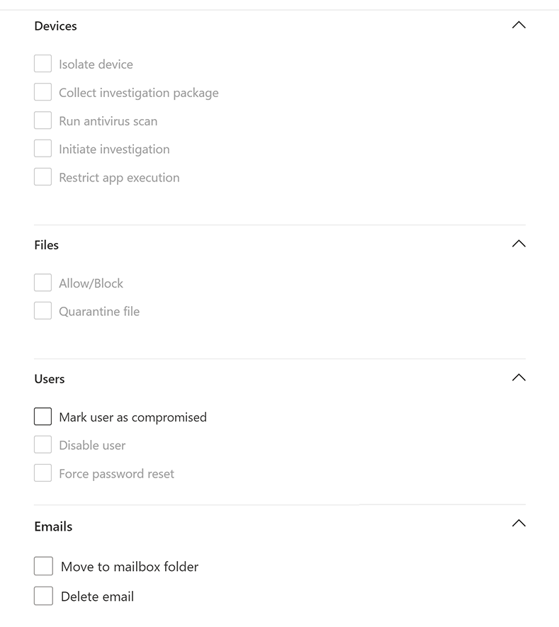Screenshot that shows actions for custom detections in the Microsoft Defender portal.