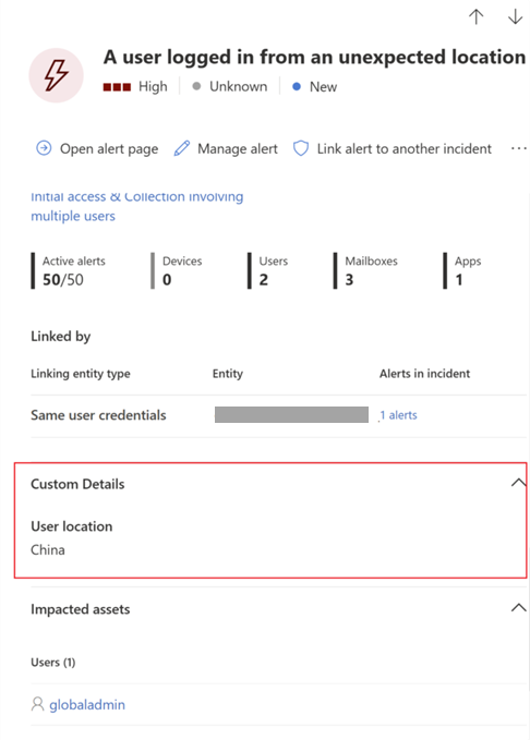 Screenshot that shows the custom details as they appear in the alert side panel of the Defender portal.