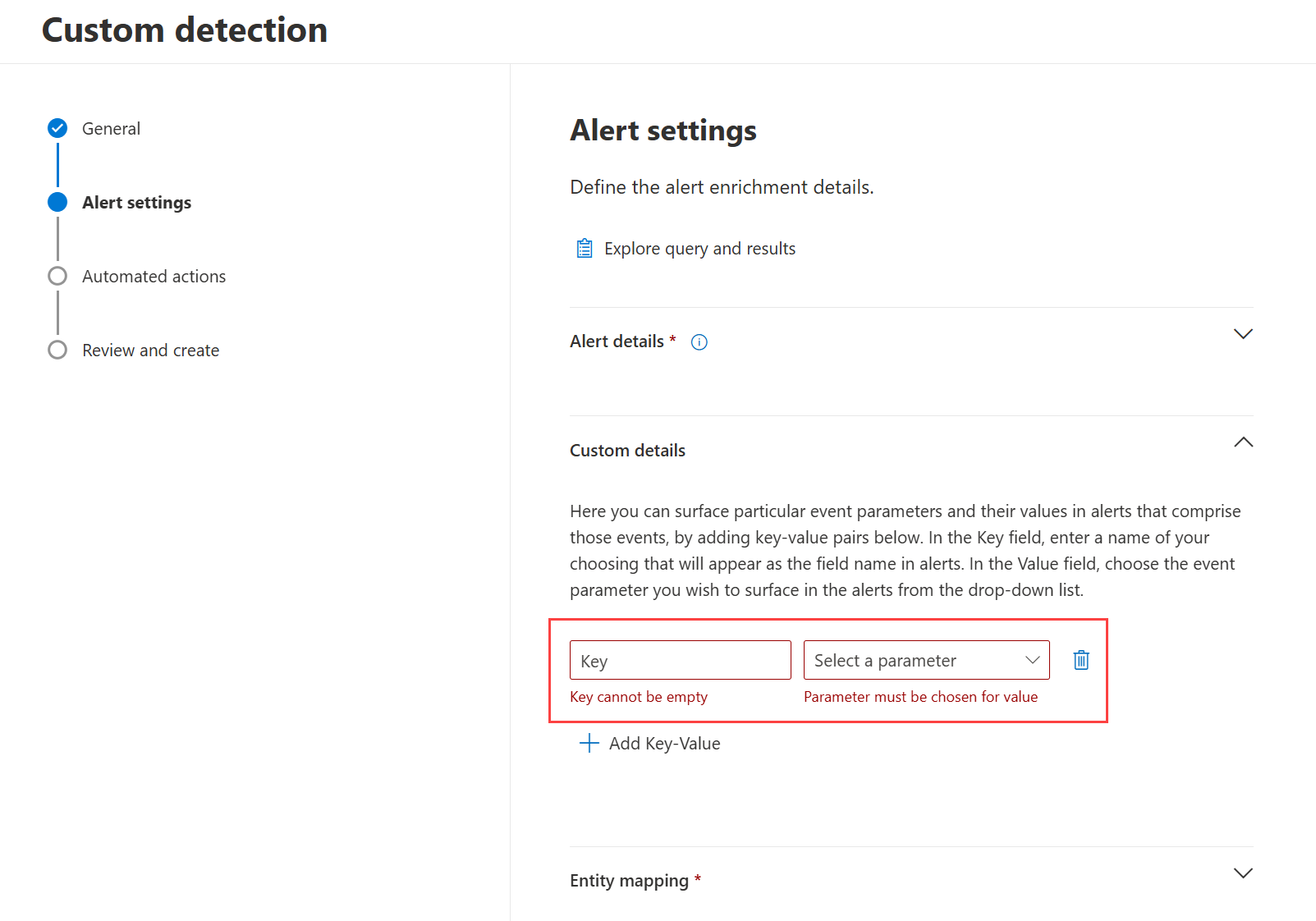 Screenshot that shows the Custom details option in the Custom detections wizard.
